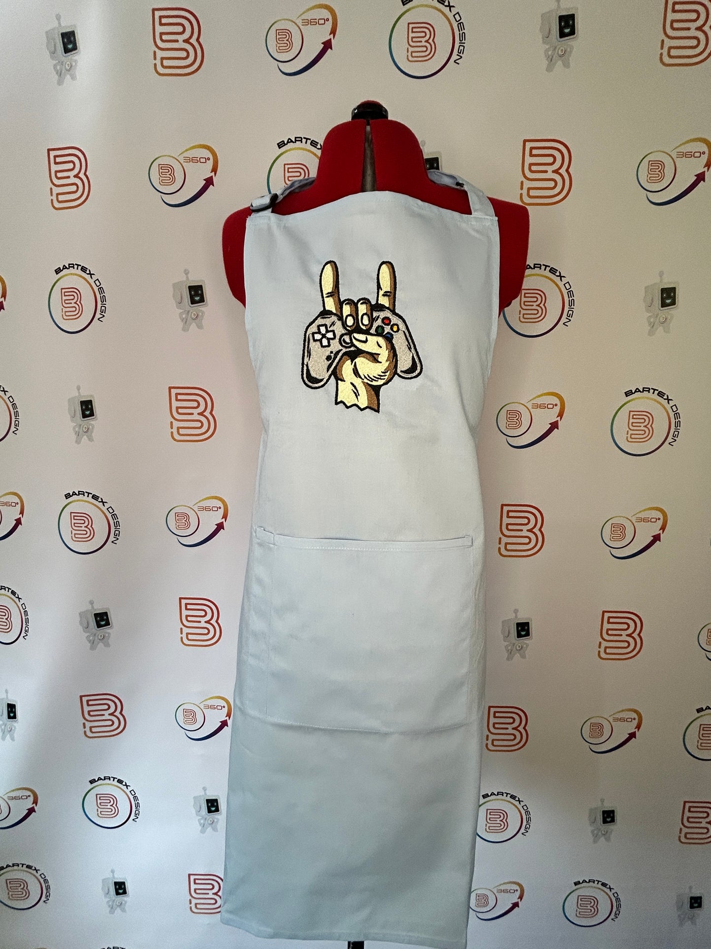 Light Blue Apron with Pocket - Embroidered Gamer Hand